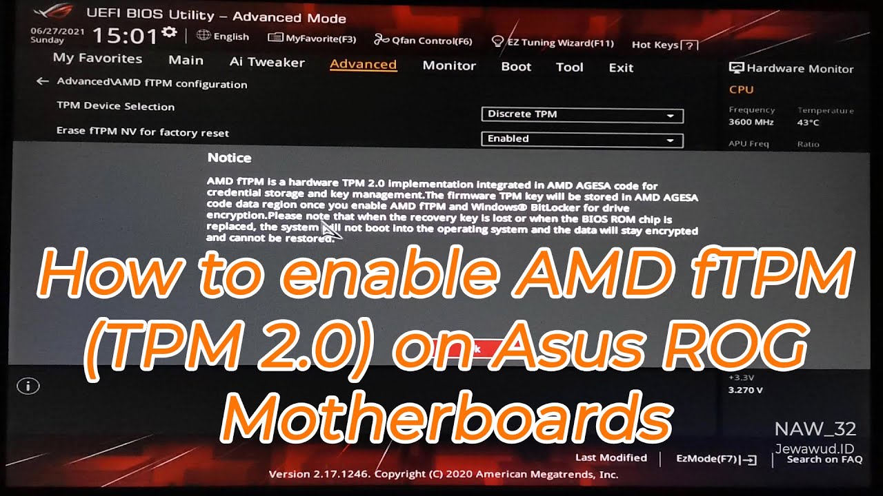 How to Enable AMD fTPM (TPM2.0) on UEFI BIOS Asus Rog Strix B350F