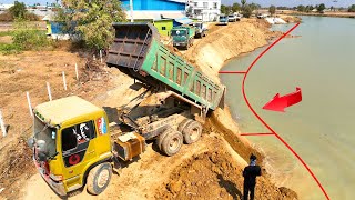 EP 64 !! Team Dump Truck Wheel 10 Spreading Soil Rock to Canal ,KOMATSU D58P Dozer Pushing Soil