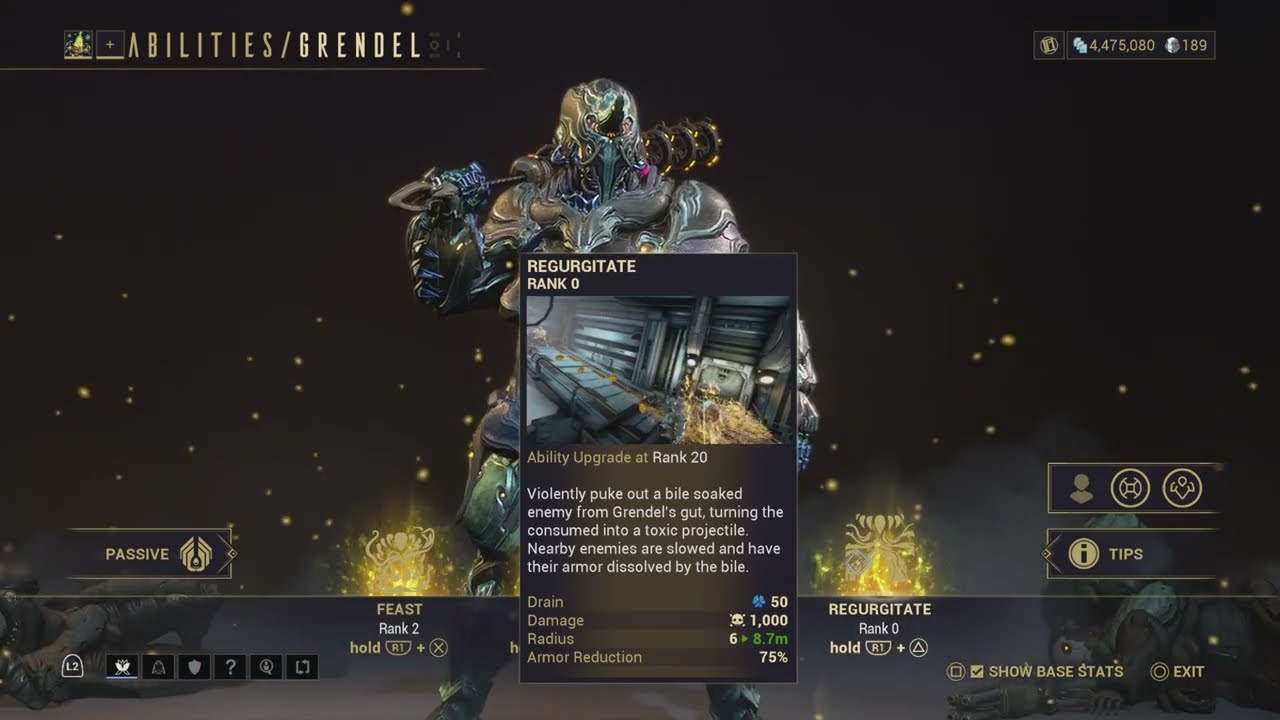 Warframe Grendel ability list and display