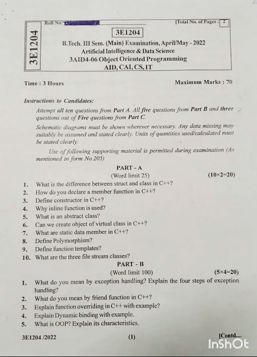 Btech 3 sem object oriented programming oop paper 2022 rtu youtube