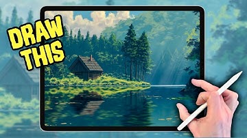PROCREATE Landscape DRAWING Tutorial in EASY Steps - Cabin by a Lake