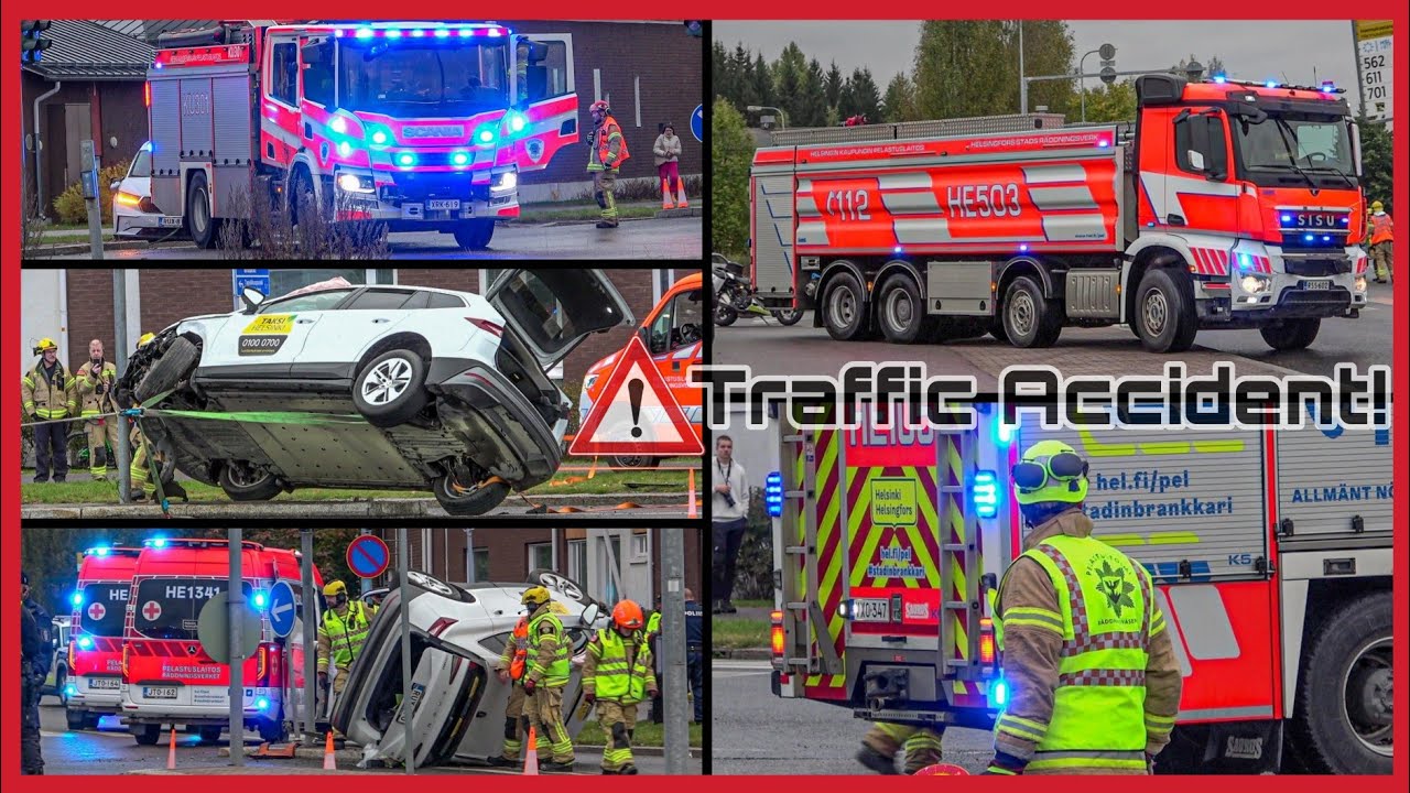 Traffic Accident in Helsinki – Taxi Rolled Over After Collision | Emergency Services in Action!
