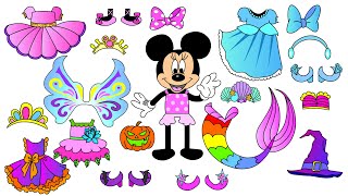 Minnie Mouse Paper Doll gets dressed for Halloween as a fairy a mermaid Cinderella ballerina