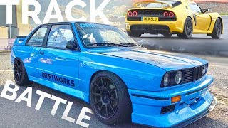 My S65 BMW E30 M3 track car vs 460hp Lotus Exige at Trax Silverstone 2019