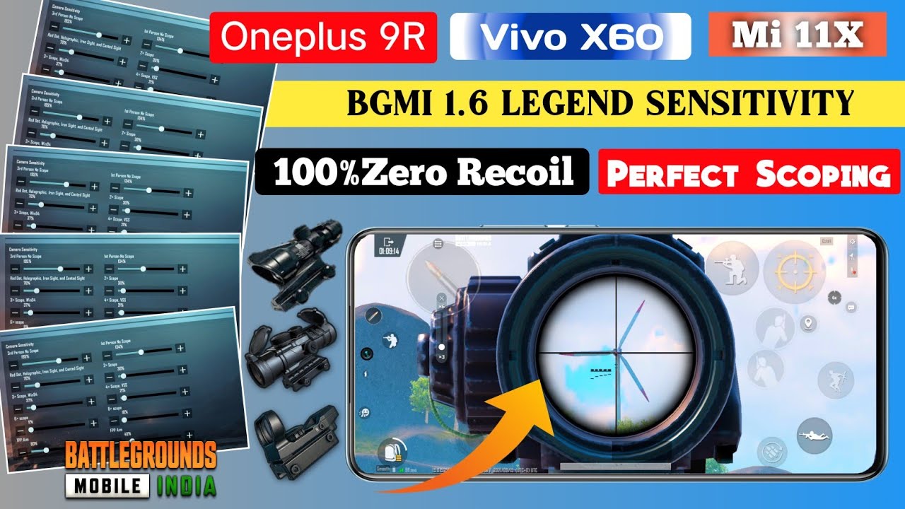 Zero Recoil BGMI 1.6 Sensitivity . Vivo X 60 , OnePlus 9R, Mi 11X