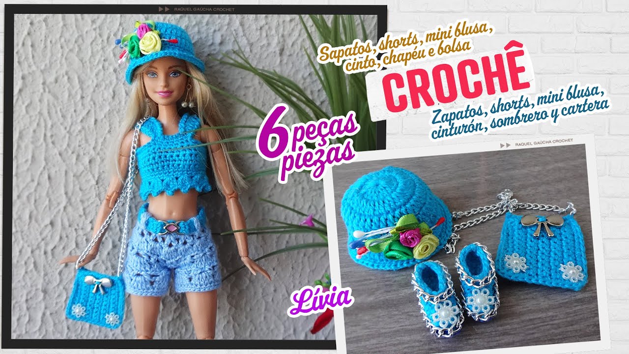 Roupa Barbie Moda Crochê 2 Vestidos + 2 Chapéus + 2 Bolsas