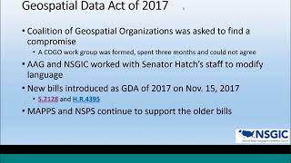 Webinar: Update - The Geospatial Data Act of 2017, Cy Smith, 12/19/17