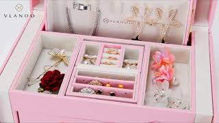 Vlando Women Jewelry Box Organizer, Vintage Gift Case (Pink & Black) screenshot 4