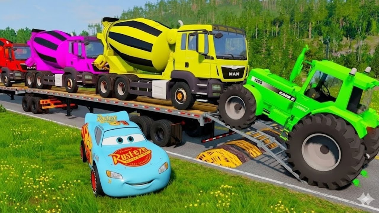 Flatbed Trailer Cars Transportation with Truck   Speedbumps vs Cars vs Train | BeamNG Drive