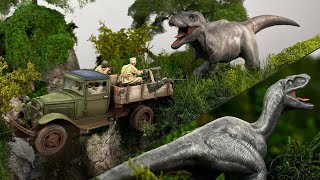 HUGE T.Rex chases Truck Diorama 1:35  Realistic Epoxy Resin Waterfall