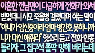 (반전 사연) 이혼한 전남편이 다급하게 전화가 와서 받았더니 시모 죽을병 걸렸다며 대신 병간호 해달라는 헛소리 듣고 전화 한통 돌리자, 그 집구석 쫄딱 망해 버리는데 /사이다사연