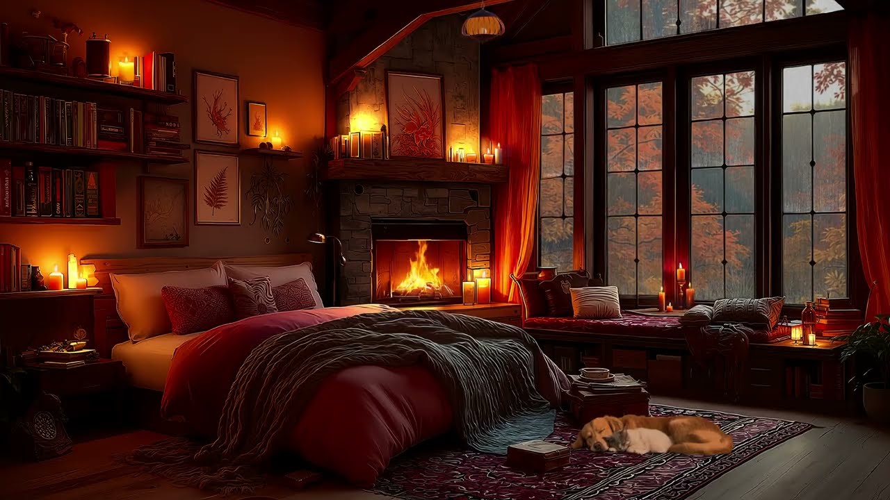 Cozy Rainy on Window 🔥🍂 Gentle Night Rain & Crackling Fireplace | Calm Ambience for Sleep, Focus