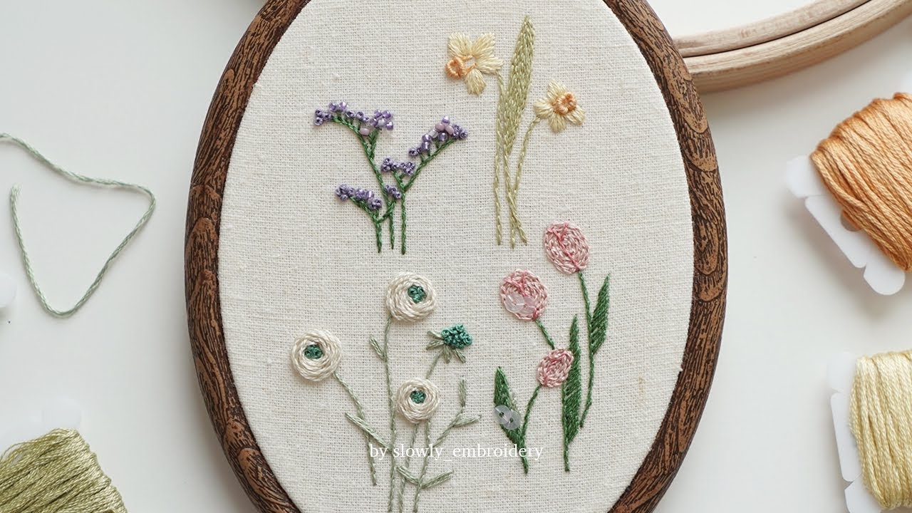 프랑스자수 | 4개의 청순 꽃자수🤍 Pure 4Flowers Hand Embroidery | 편안한 영상 ASMR