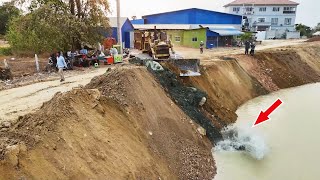 Canal Road Widening Summary In Four Day Job Done, Komatsu D60P Dozer Moving Soil Drop Into Water