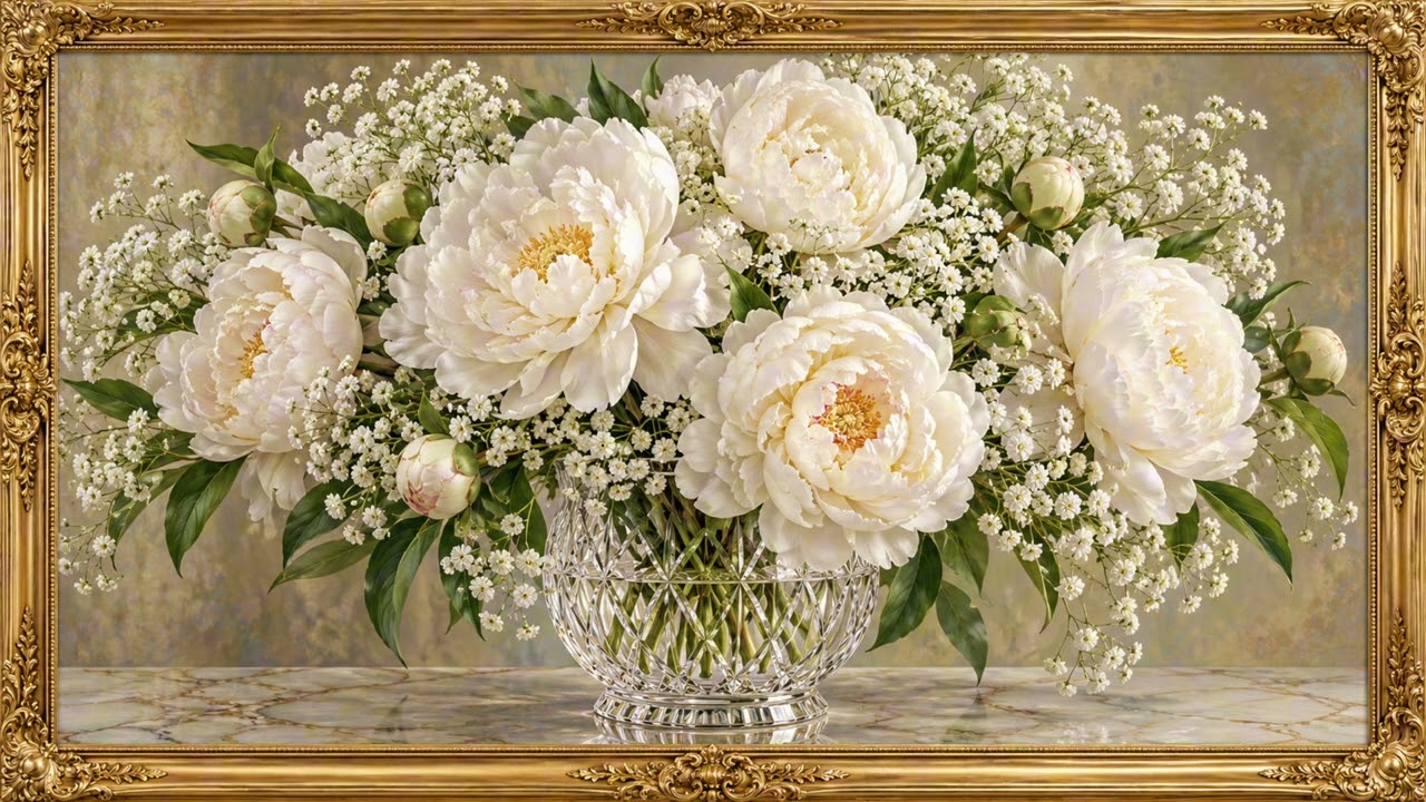 Elegant White Peonies in 4K | Framed Floral Art for TV & Luxury Home Ambience | Background