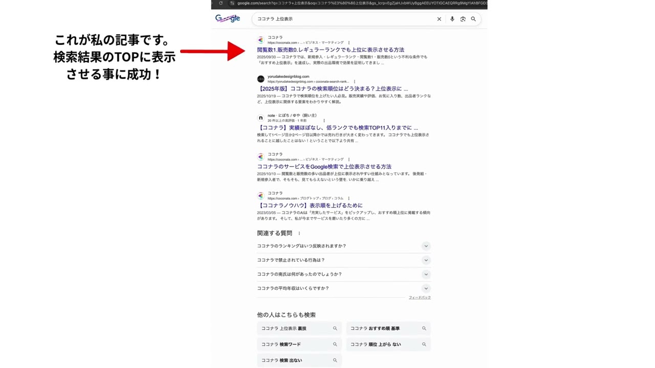 AIEO対策だけで上位表示は可能ですか？SEOの力も必要です。パート1 狙ったキーワード「ココナラ上位表示」でGoogle検索結果TOPページに表示されました。
