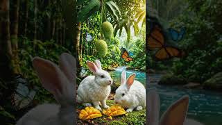 "White Rabbits Eating Mangoes in Lush Jungle" #rabbit #ai #aishorts