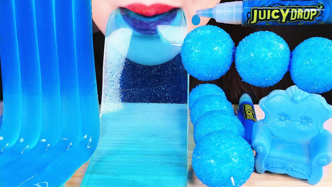 Asmr Blue Food Edible Sofa Chair Sheet Jelly Noodles Sugar Coated Planet Gummy Balls Juicy Drop Youtube