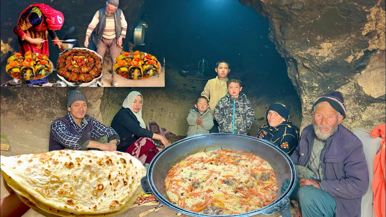 Celebrating and cooking delicious food ( Qabuli palw) with  Grandma and Grandpa/ living in the Cave 