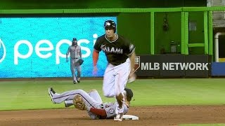 WSH@MIA: Stanton steals second and advances on error
