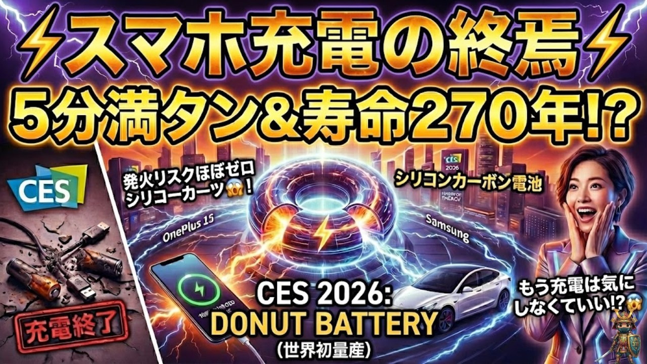 ⚡️📱スマホ充電🔋の終焉⚡️5分で満タン＆寿命270年！？CES 2026衝撃の「全固体電池」がついに実用化！スマホもEVも変わる…もう充電は気にしなくていい？🔋✨,,バッテリー革命 5分と10万回