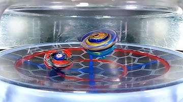 Savior Valkyrie uses a jumping attack but gets bursted by a hand spin L-Drago Destroy ベイブレードバースト