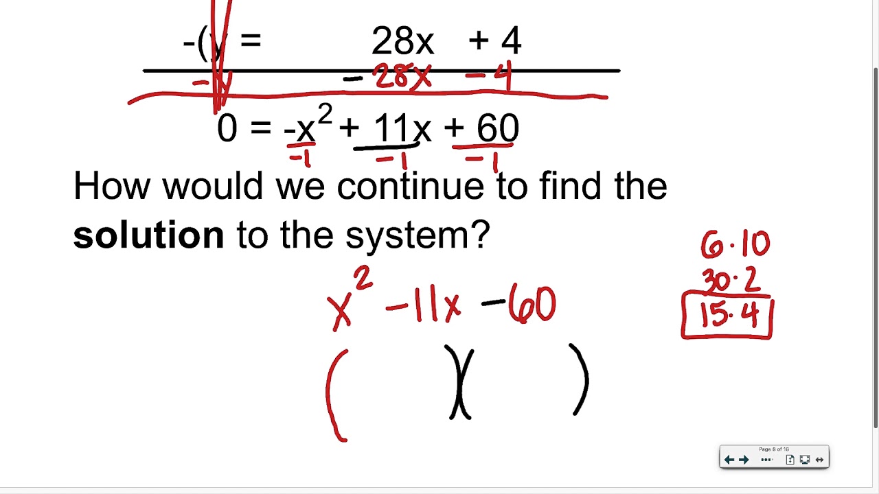 4.16 - Systems of Linear and Quadratic Equations (part 1)