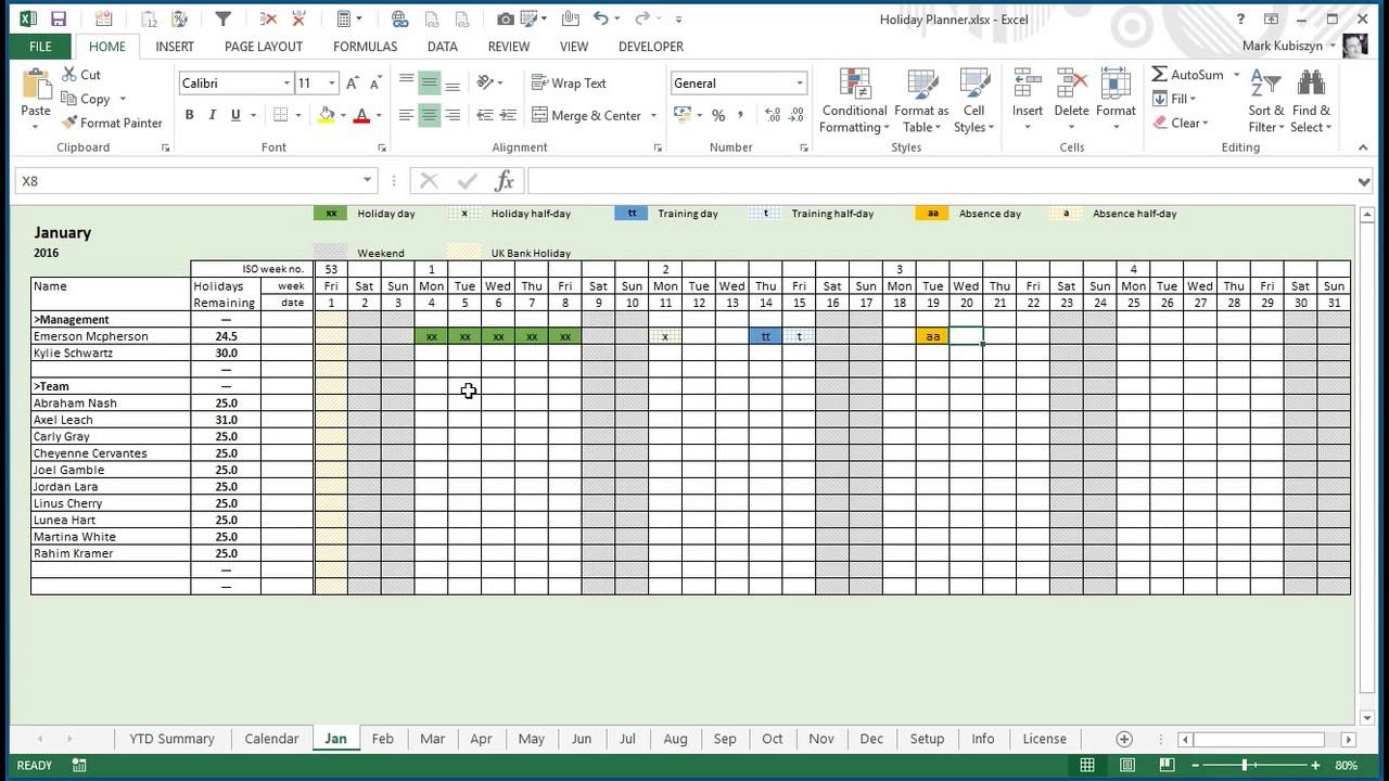 Holiday Chart Excel Template