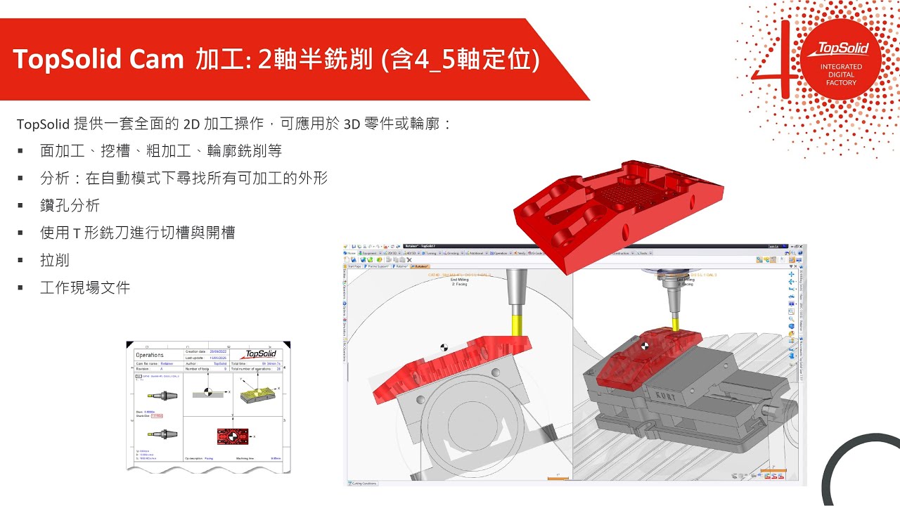 TopSolid 7 Cam 加工:2軸半銑削 含4 5軸定位 - 2D Milling - YouTube