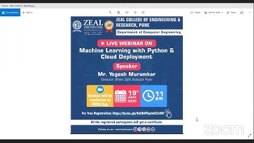 Webinar "Machine Learning And Cloud Deployment using Python"  organized by ZCOER,Pune
