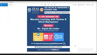 Webinar Machine Learning And Cloud Deployment using Python  organized by ZCOER,Pune
