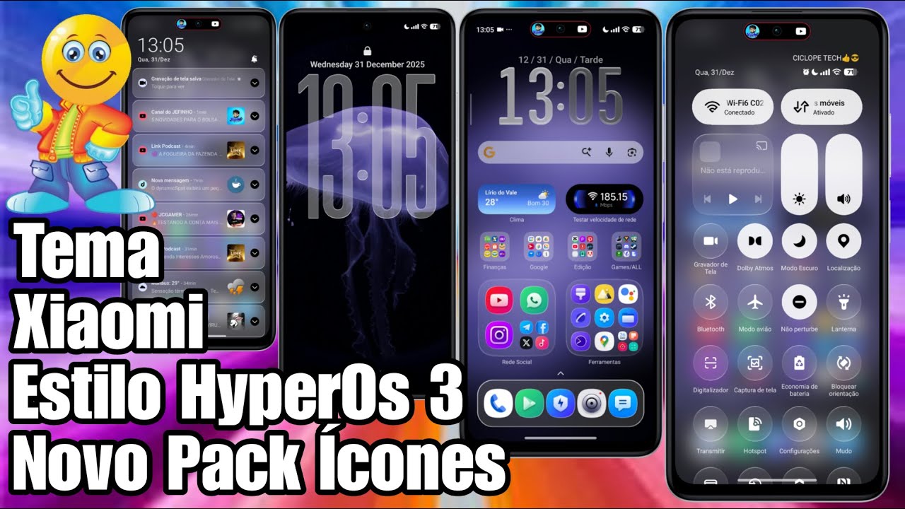 Novo Tema Xiaomi Estilo HyperOs 3 Ícones e Control Center Liquid Glass 
