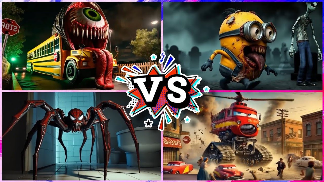 Minion Monster💀 🆚 School Bus🚌 🆚 Spiderman Worm🐛 🆚 McQueen Helicopter🚁 - TilesHop