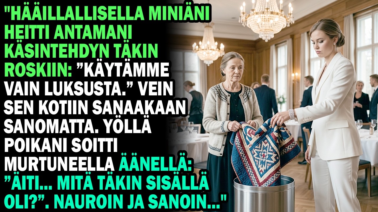 Eräänä iltana miniäni heitti käsin tekemäni peiton roskakoriin kuin se olisi ollut pilaantunutta lihaa, keskellä täyttä harjoitusillallista, timanttirannekorensa kimaltaessa kattokruunun valossa....