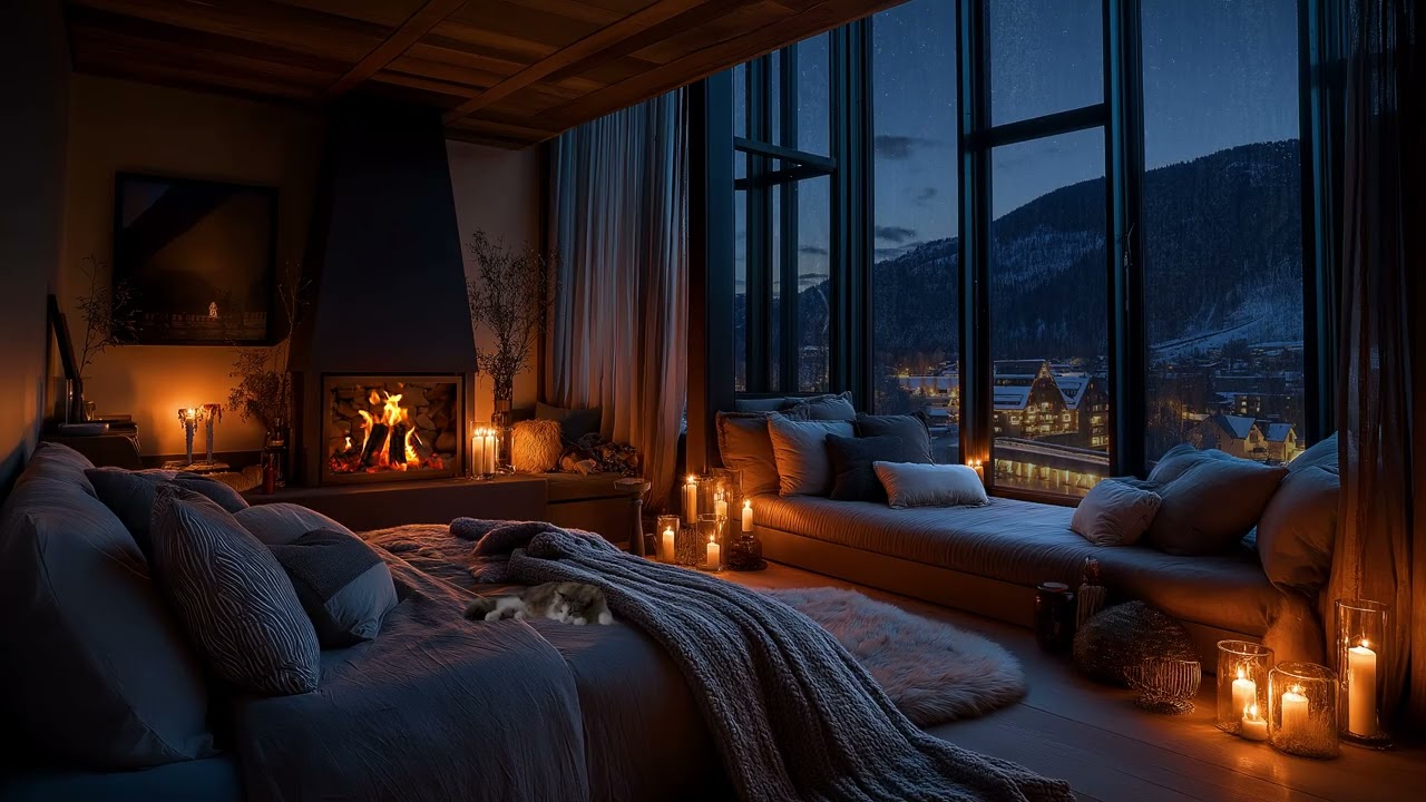 🌧️🔥 Cozy Loft Bedroom | Rain & Crackling Fireplace for Deep Sleep