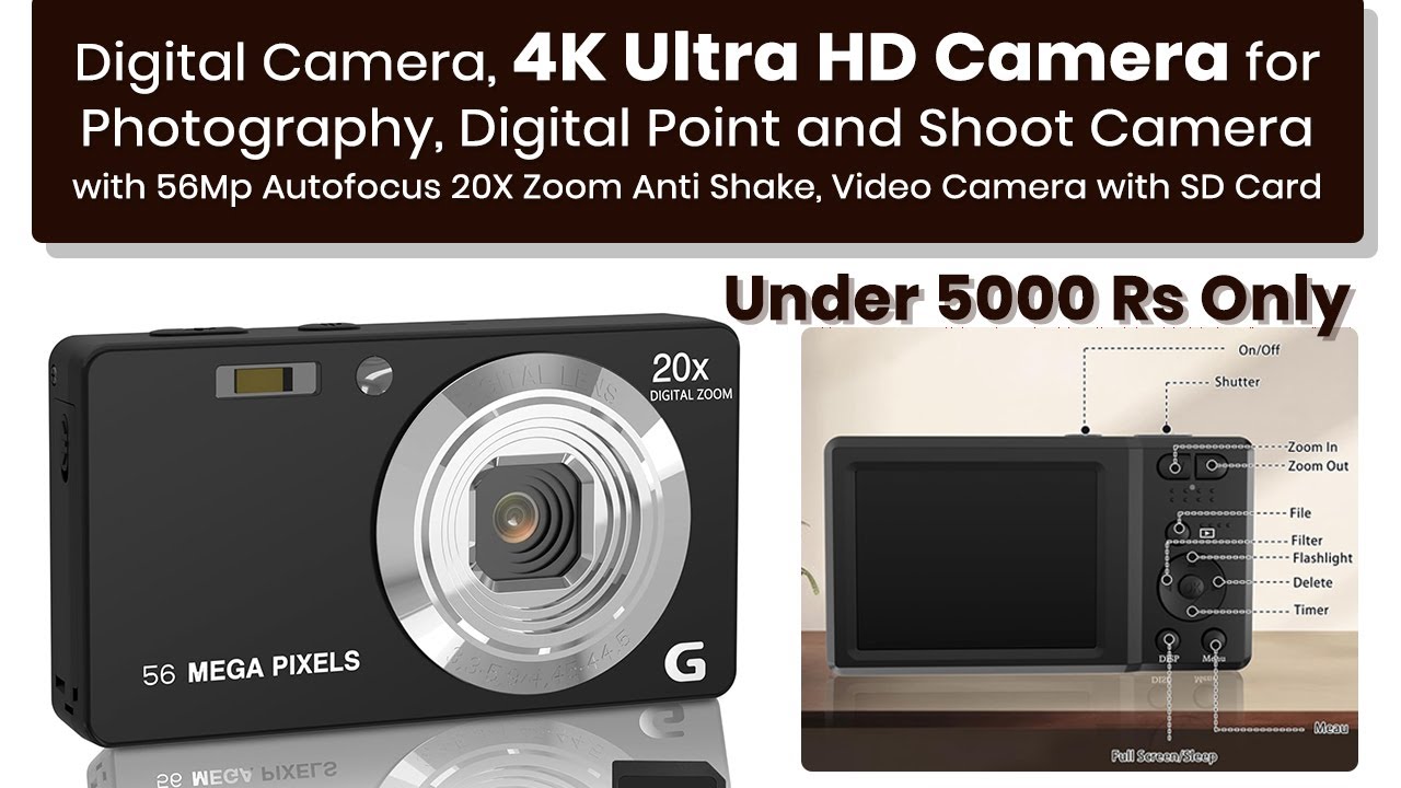 Focusify Digital Camera 4K Ultra HD 56MP Autofocus 20X Zoom Anti