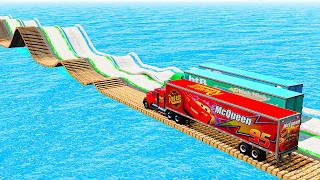 Mack Truck vs Chick Hicks Truck vs King Dinoco Truck vs Impossible Wave and Log Wave Bridge - BeamNG screenshot 5