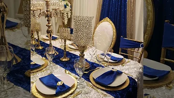 Elegant Royal Blue and Gold Dinner Decor/Backdrop/Bling/Napkin, Designed by Betty’s Elegant Events