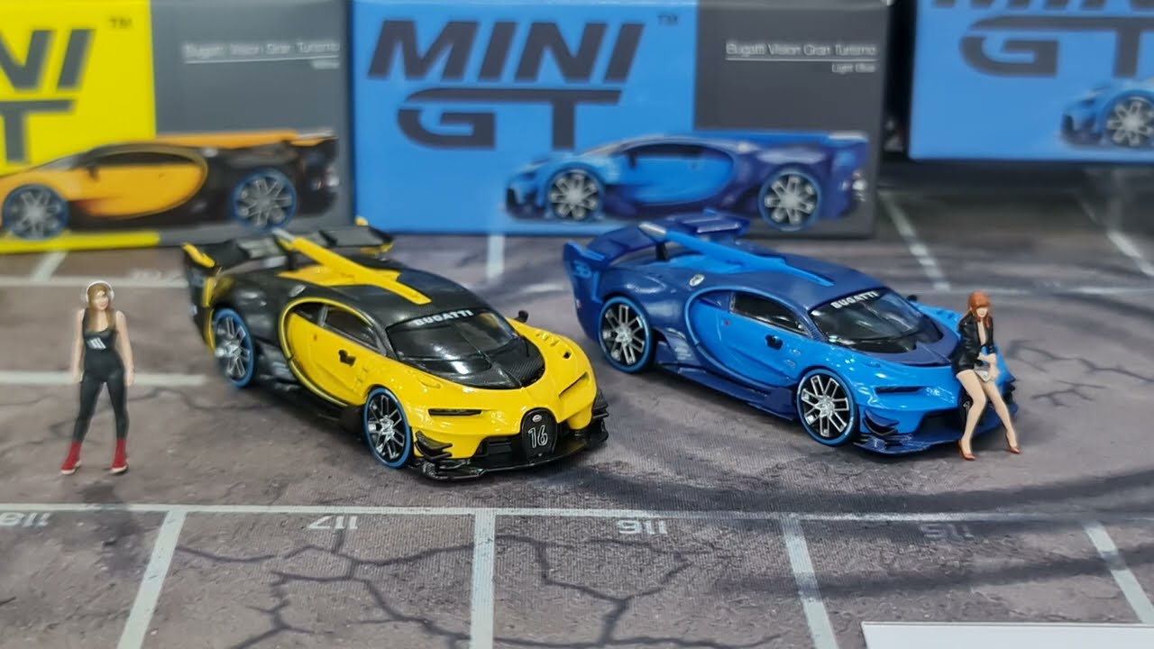 MINI GT Bugatti Vision Gran Turismo Yellow and Carbon 1/64 Diecast Model  Car by True Scale Miniatures MGT00317