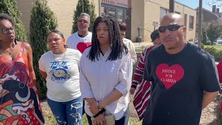 Jade Davis, niece of Clarissa Jones, speaks outside Lynchburg Circuit Court