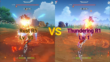Yoimiya Rust R5 Lv 90 vs Thundering Pulse R1 Lv 1 Quick Comparison side by side Genshin Impact C0