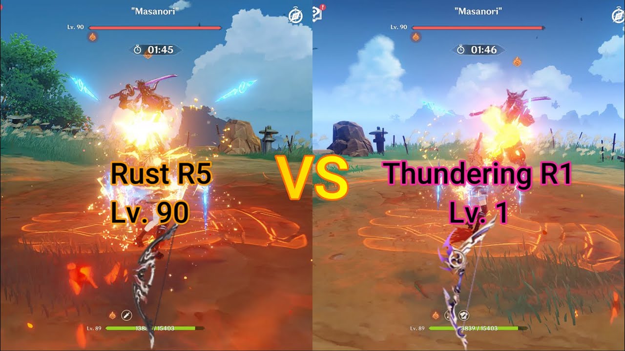 Yoimiya Rust R5 Lv 90 vs Thundering Pulse R1 Lv 1 Quick Comparison side by side Genshin Impact C0