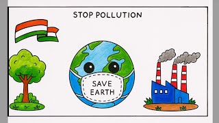 Stop Pollution Drawing | Save Earth Poster for Beginners | Easy Environmental Drawing Tutorial