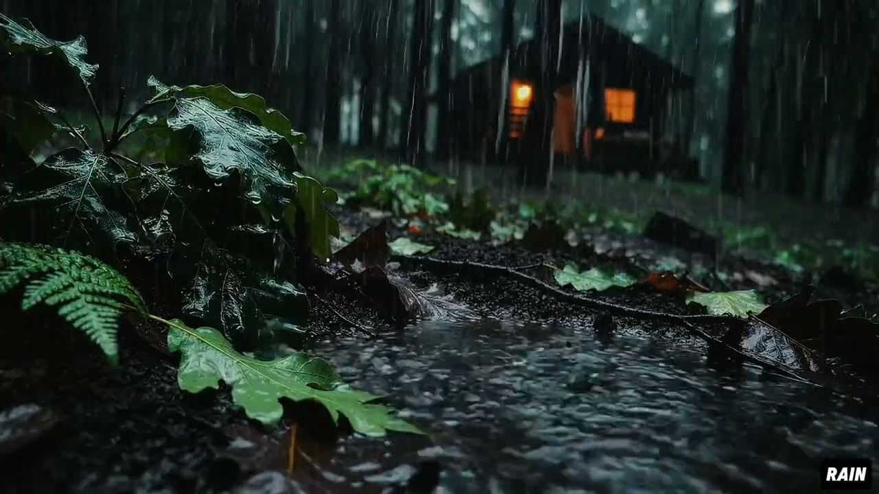 Heavy Rain in Dark Forest Cabin 🌧️ No Thunder – 1 Hour Deep Sleep Ambience