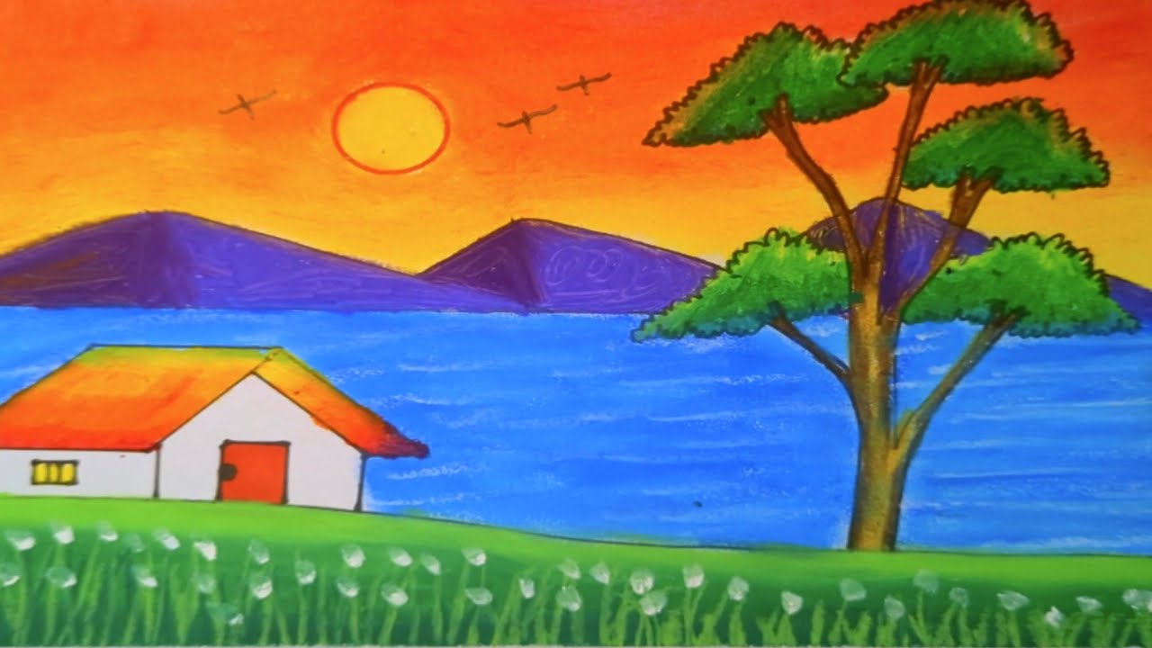 How to Draw Easy Village Scenery Drawing | Sunset Landscape with House, River & Tree | Easy Drawing