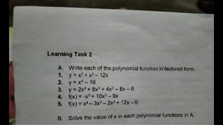 Grade10: Learning Task 2: Write each of the polynomial function in factored form