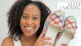 Unboxing + Try-On: Gucci Platform Slide Sandals | Multicolor GG Linen Fabric