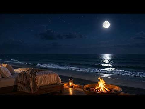 Cozy Seaside Bed at Night 🌙🔥 Ocean Waves, Soft Fire and Peaceful Sleep Sounds