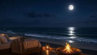 Cozy Seaside Bed at Night 🌙🔥 Ocean Waves, Soft Fire and Peaceful Sleep Sounds