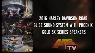 Bagger stereo on this Harley Road Glide with Phoenix Gold in Los Angeles